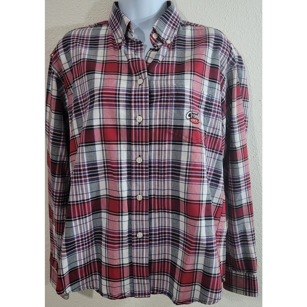 Cruel Girl Red White Blue Plaid Button Up Top Medium Long Sleeves Collard